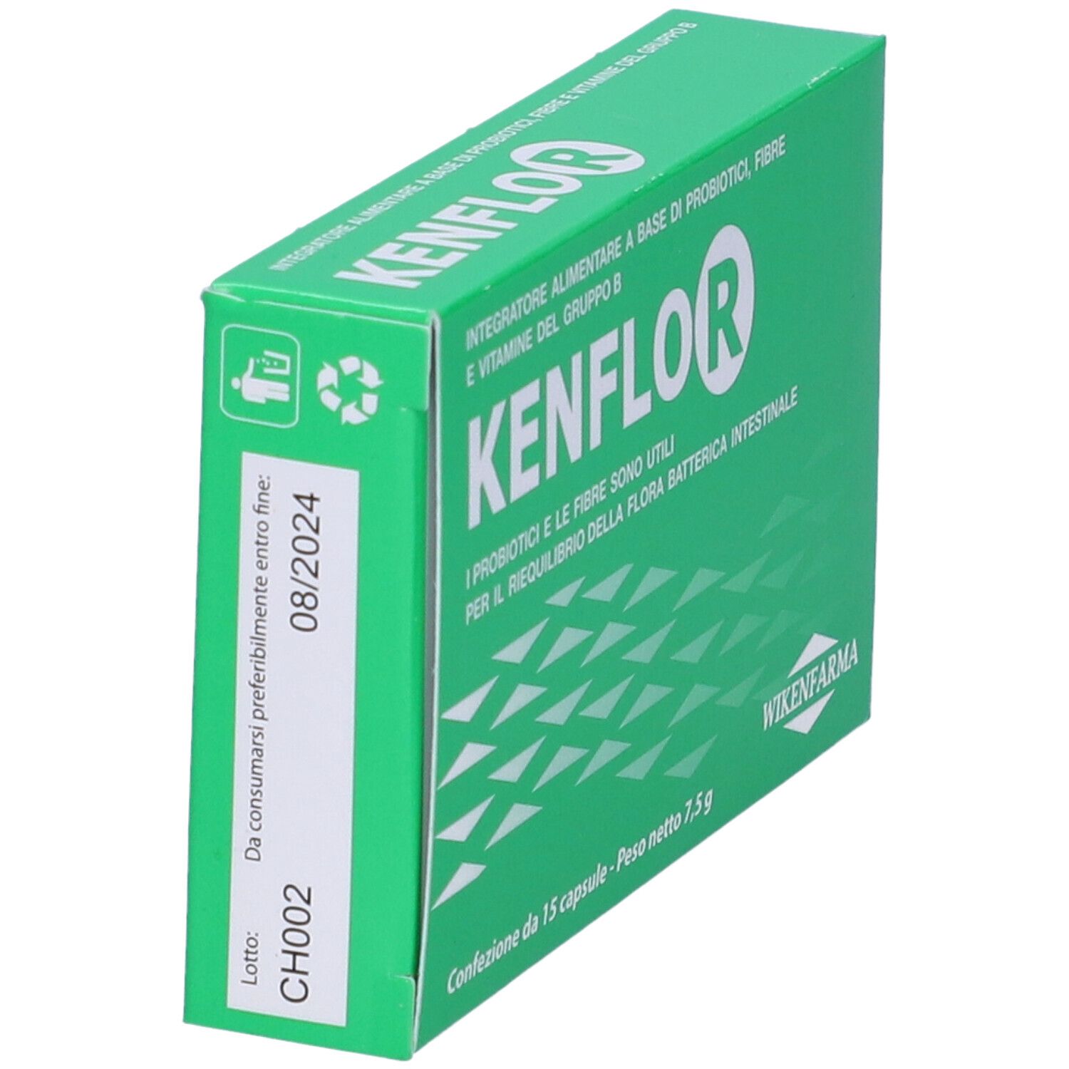 Scatola verde con logo KENFLOR. Testo: Integratore alimentare a base di probiotici, fibre... 15 capsule. Scadenza: 08/2024.