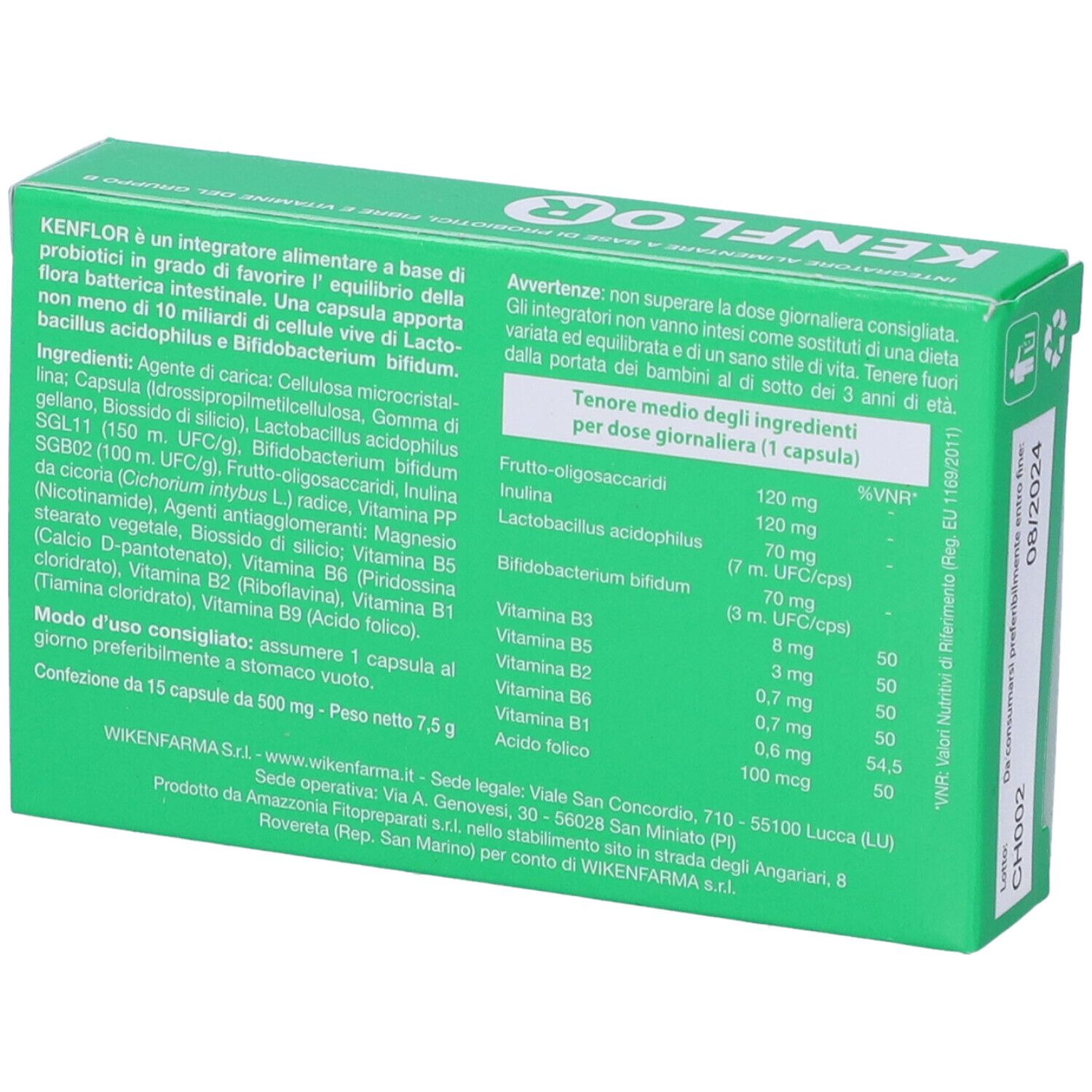 Retro della scatola verde KENFLOR. Testo: Ingredienti, dosaggio, avvertenze. Indirizzo WIKENFARMA.