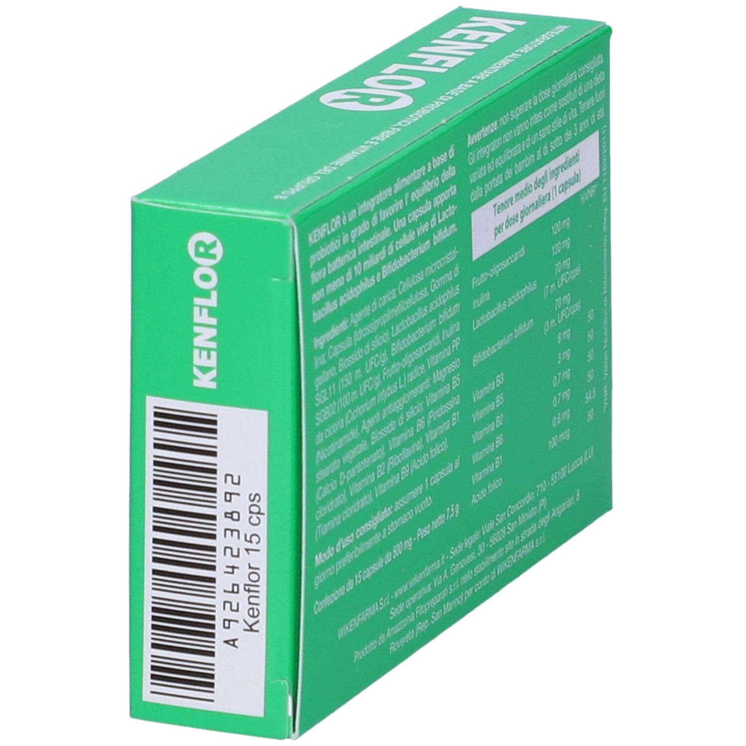 Scatola con logo KENFLOR. Testo: Integratore alimentare a base di probiotici, fibre... 15 capsule. Codice a barre.
