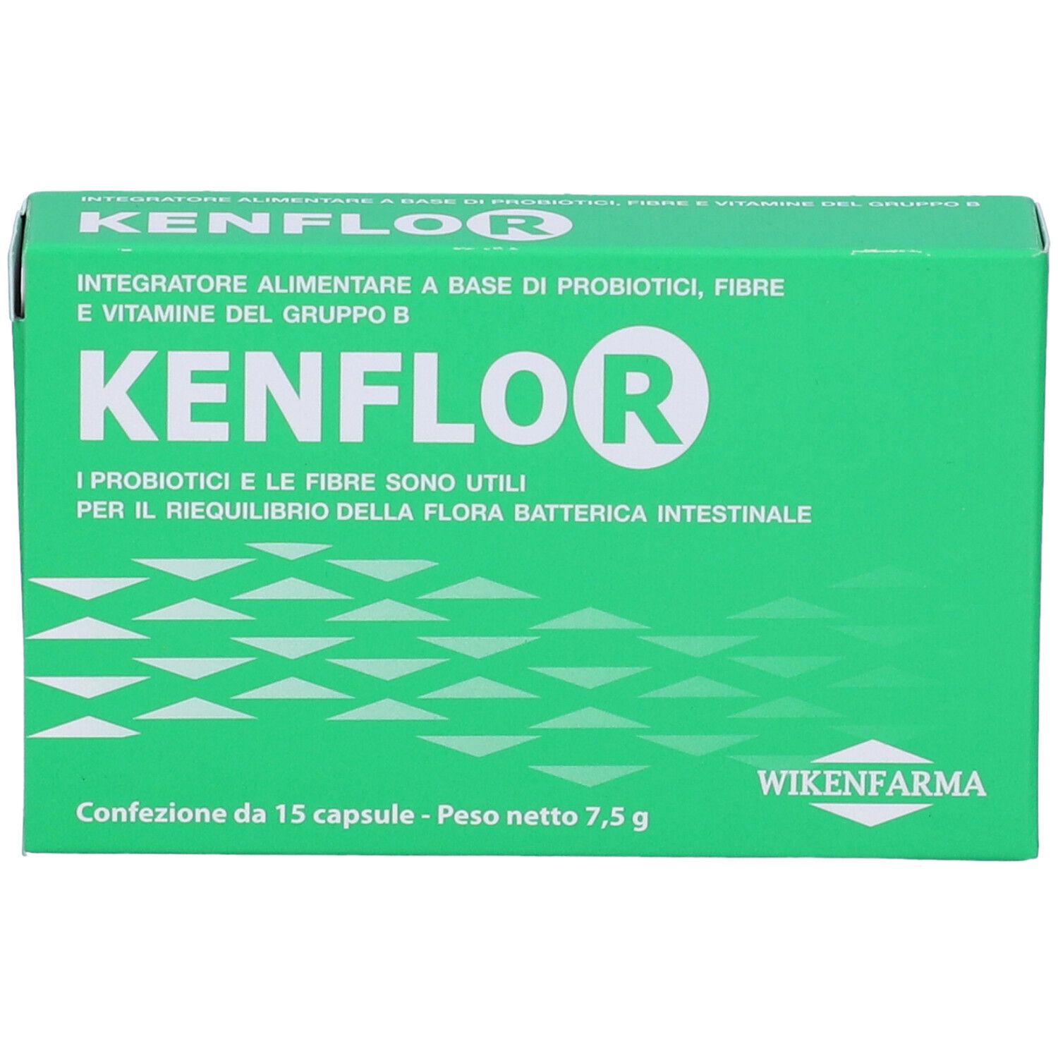 Scatola verde con logo KENFLOR. Testo: Integratore alimentare a base di probiotici, fibre... 15 capsule. Logo WIKENFARMA.