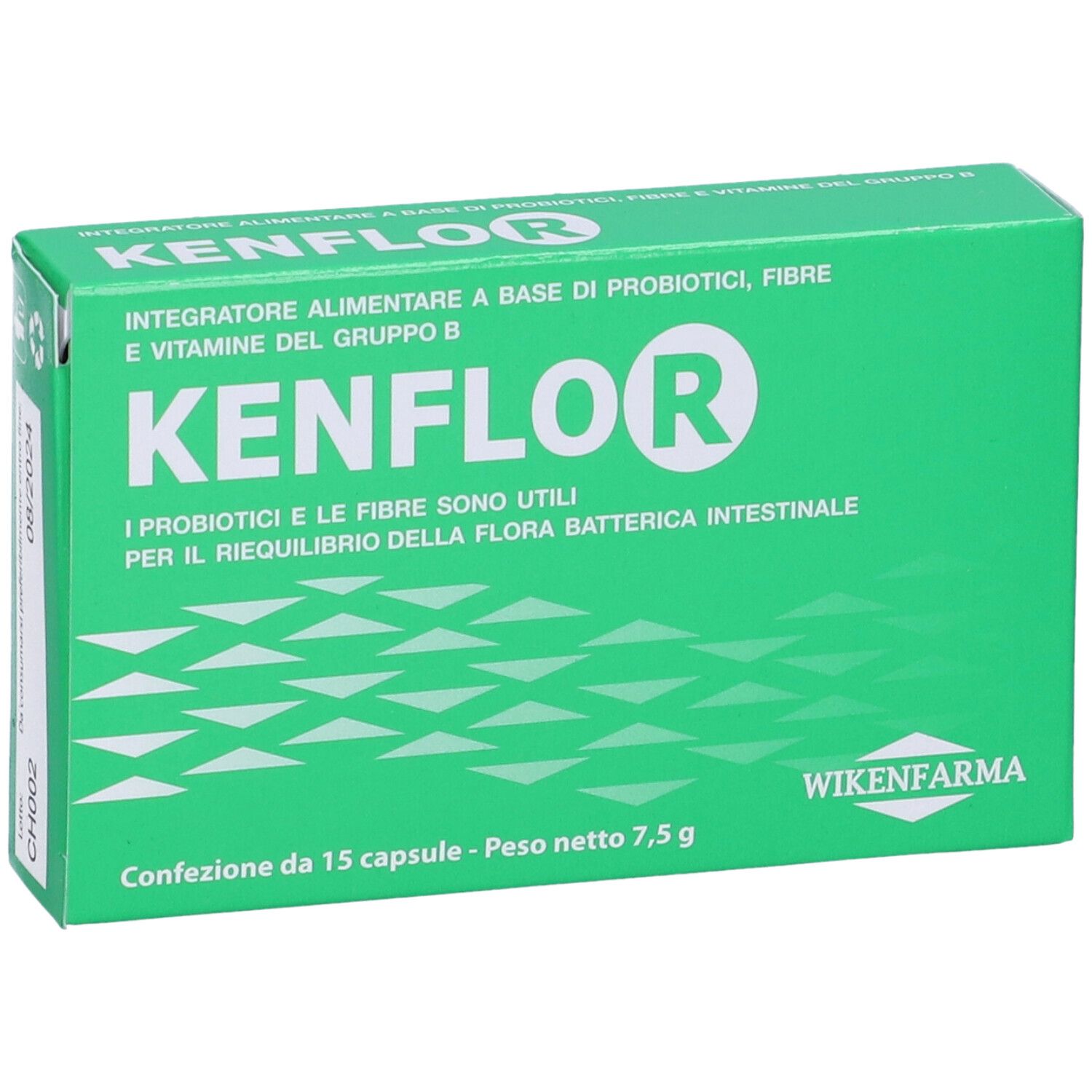 Scatola verde con logo KENFLOR. Testo: Integratore alimentare a base di probiotici, fibre... 15 capsule. Logo WIKENFARMA.