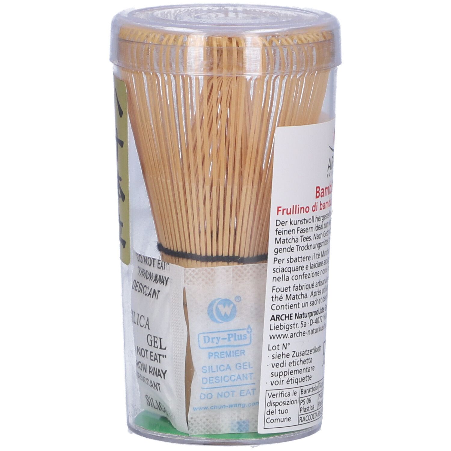 Frullino di bambù in confezione trasparente con bustina essiccante. Testo in tedesco, francese e italiano.