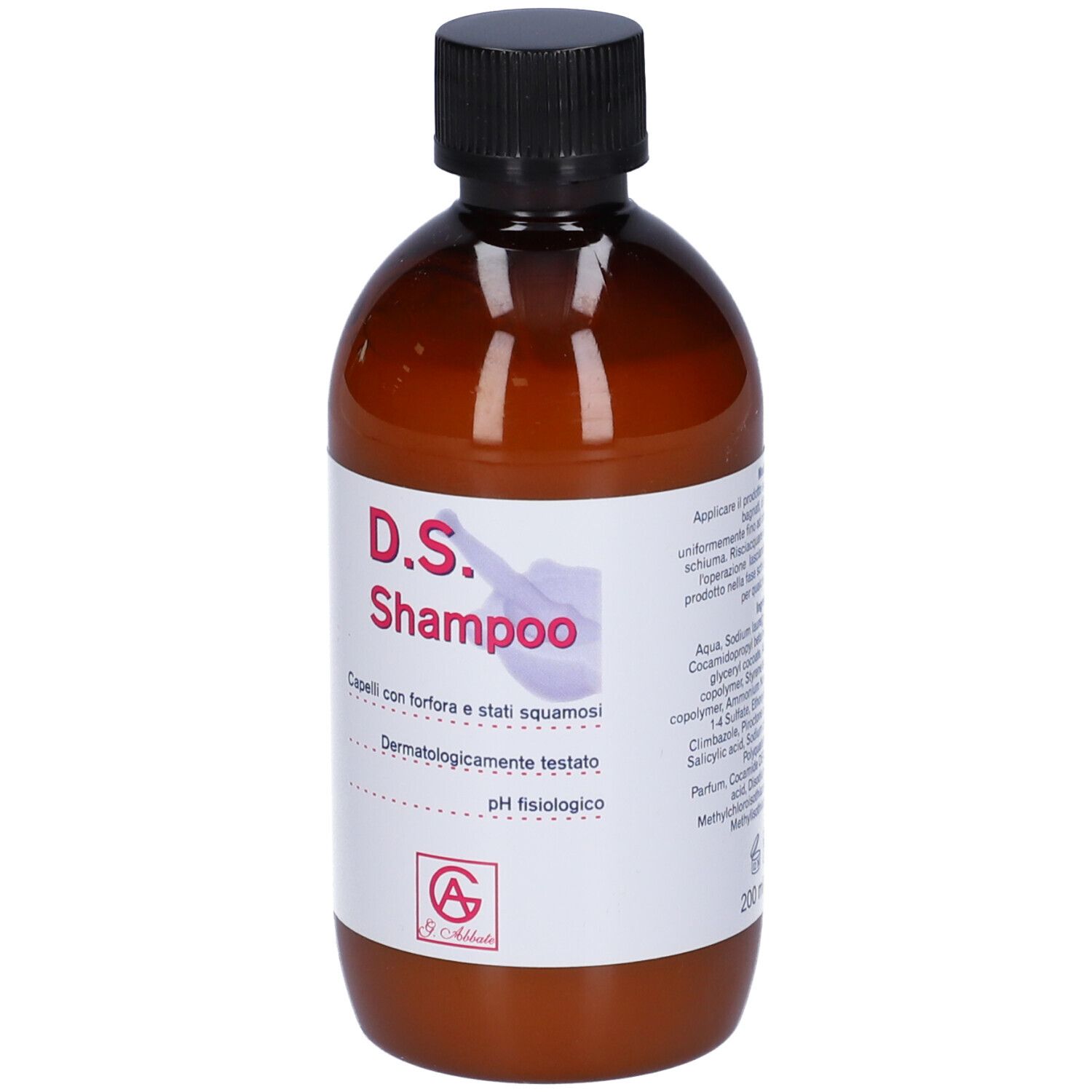 Flacone marrone con tappo nero. L'etichetta riporta "D.S. Shampoo".