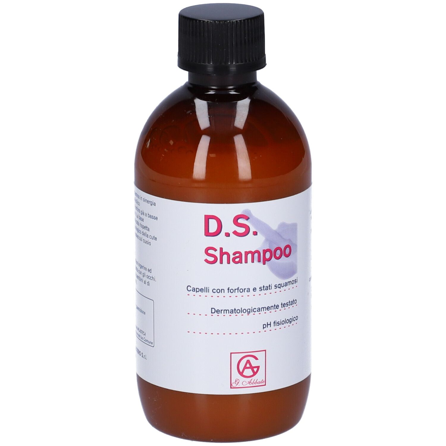 Flacone marrone con tappo nero. L'etichetta riporta "D.S. Shampoo".