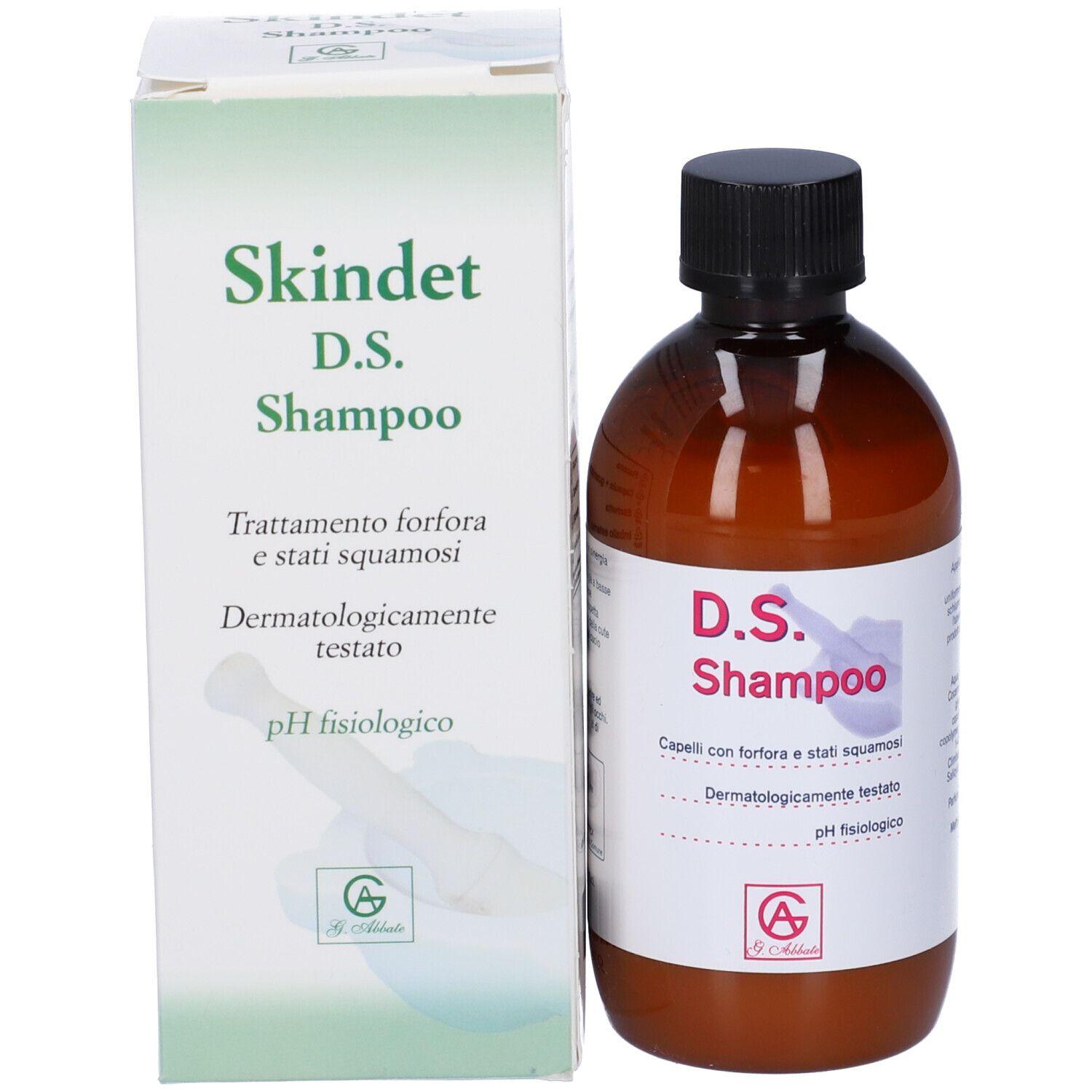 Prodotto e confezione. Sulla confezione c'è scritto "Skindet D.S. Shampoo".