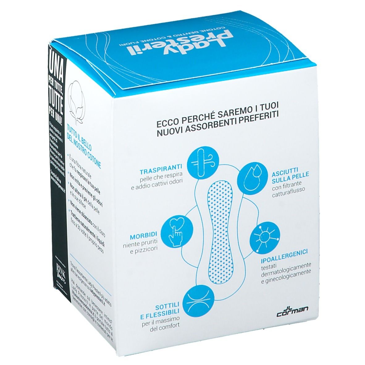 Confezione di assorbenti Lady Presteril. Scritta: cotone dentro e fuori. Caratteristiche del prodotto illustrate.