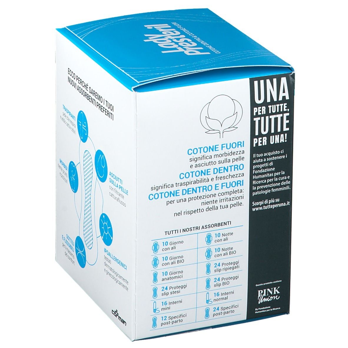 Confezione di assorbenti Lady Presteril. Scritta: cotone fuori, cotone dentro e fuori. Contiene vari tipi.