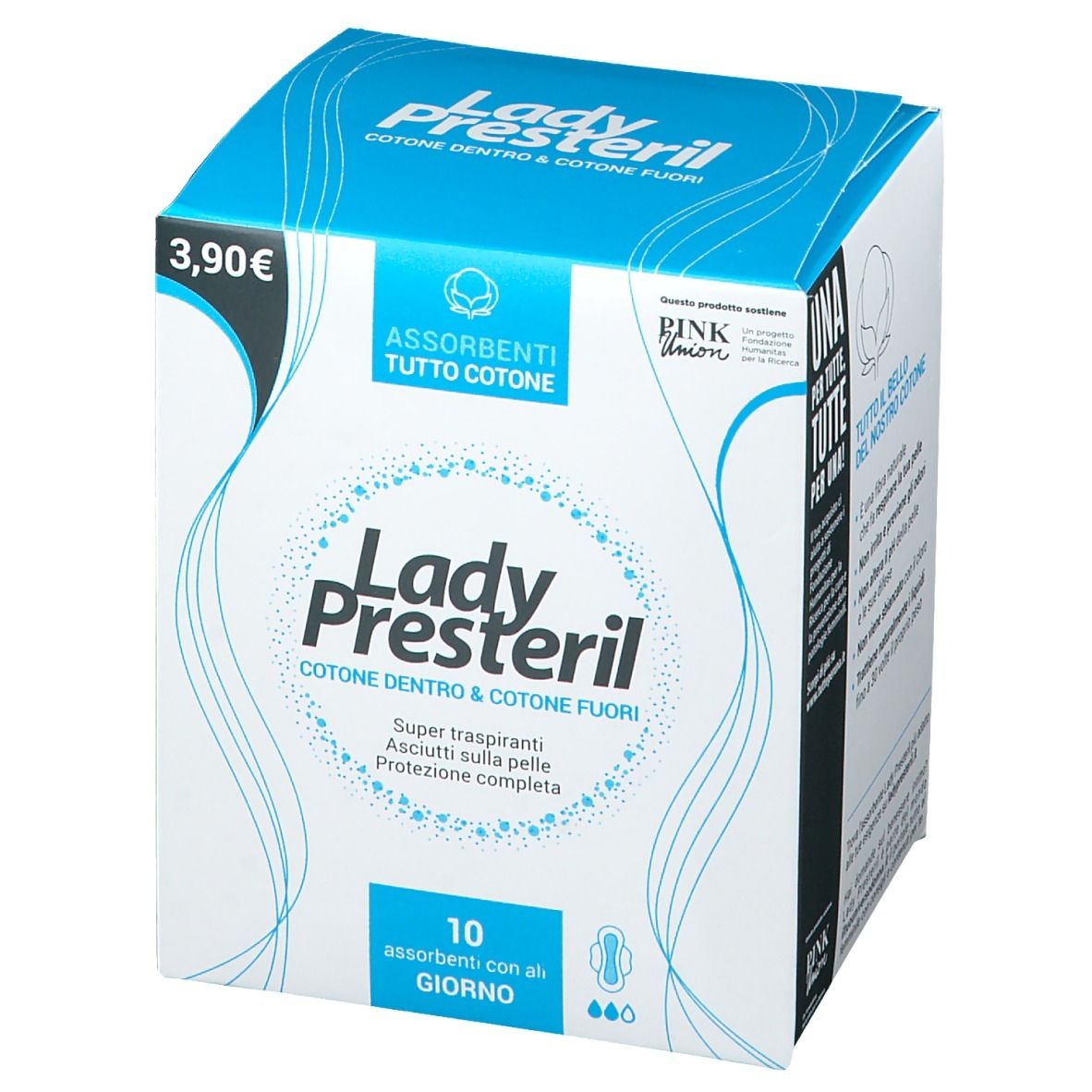 Confezione di assorbenti Lady Presteril. Scritta: cotone dentro e fuori. Prezzo: 3,90 €. Contiene 10 assorbenti.