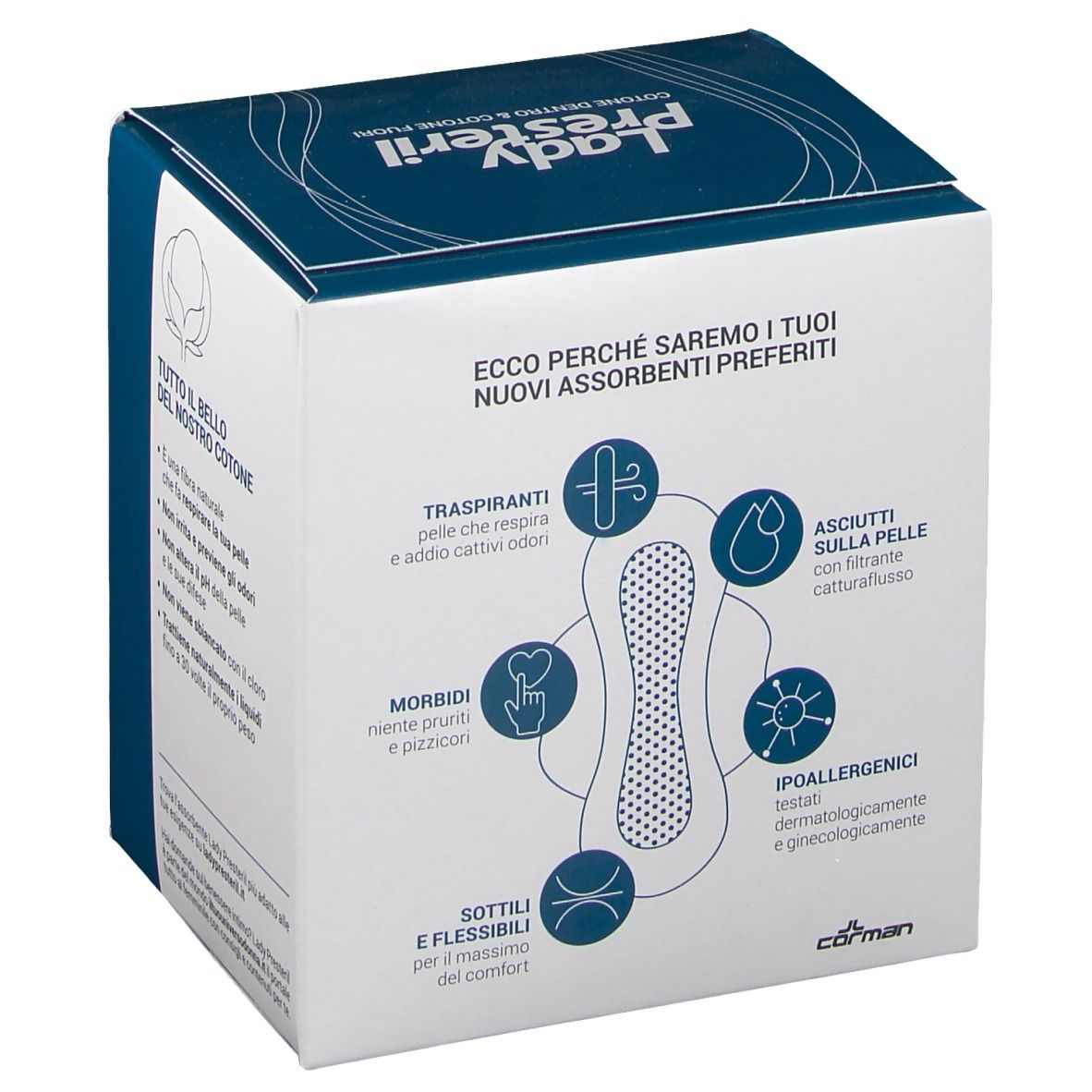 Confezione Lady Presteril. Diagramma con caratteristiche: traspirante, delicato sulla pelle, morbido, ipoallergenico, sottile.