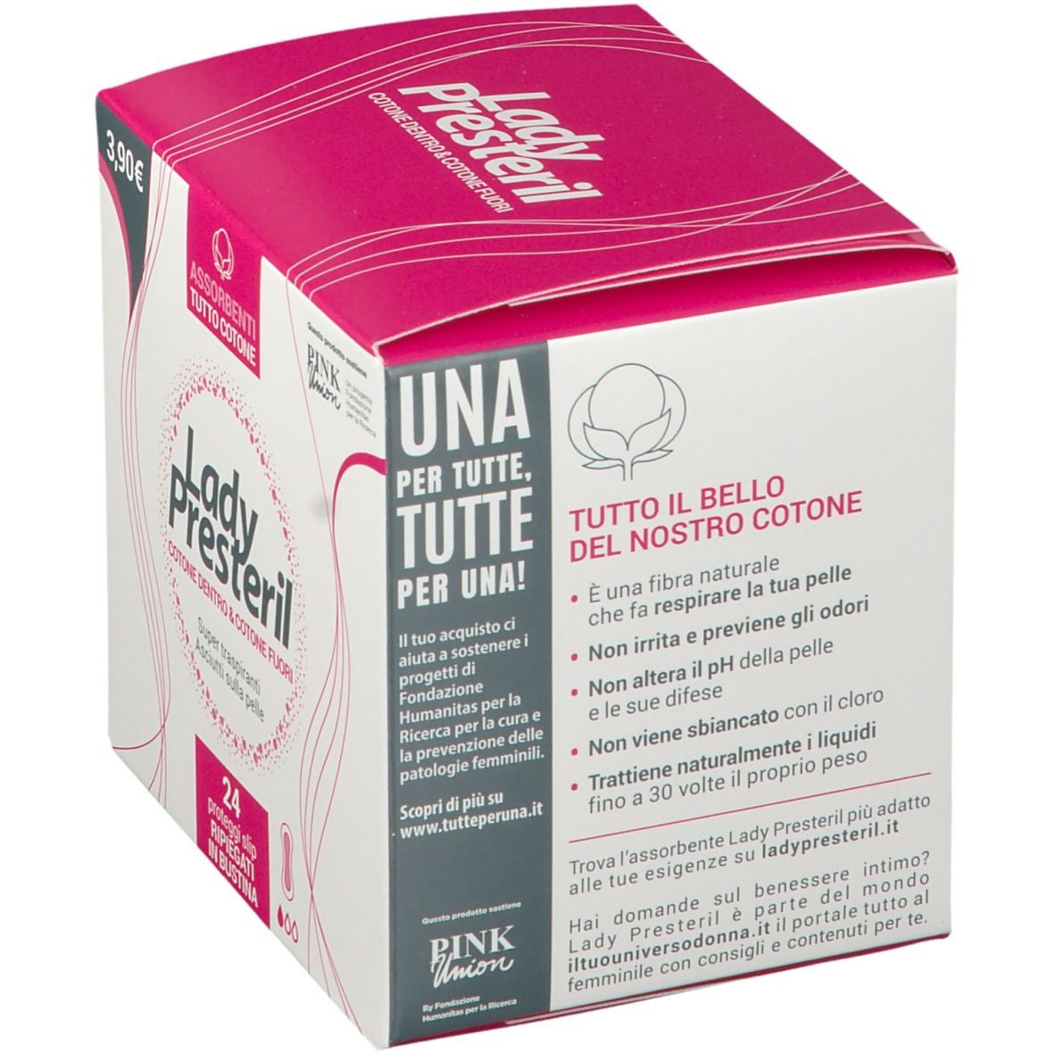 Confezione Lady Presteril. Scatola rosa e bianca con informazioni sul prodotto. Testo sul cotone e i suoi vantaggi.