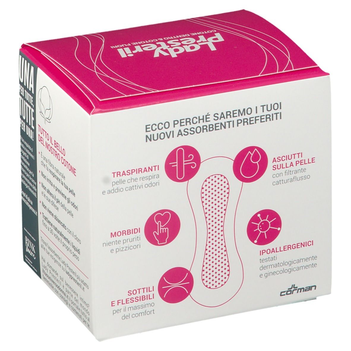 Retro confezione Lady Presteril. Diagrammi che mostrano le caratteristiche: traspirante, morbido, ipoallergenico, ecc.