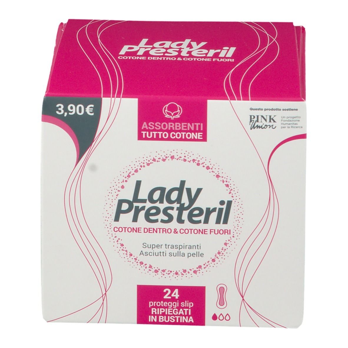 Confezione Lady Presteril. Scatola rosa e bianca con nome del prodotto e 24 salvaslip. Cotone dentro e fuori.