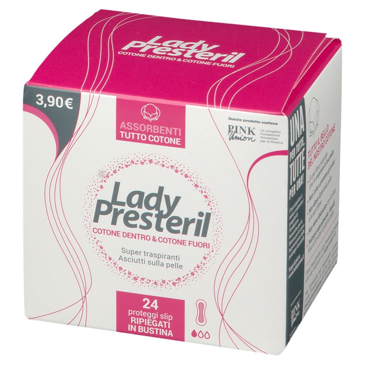 Confezione Lady Presteril. Scatola rosa e bianca con nome del prodotto e 24 salvaslip. Cotone dentro e fuori.