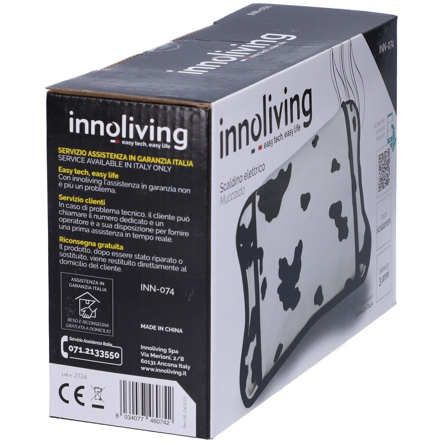 Confezione Innoliving Muccaldo, retro con testo e codice QR. Testo: Servizio assistenza in garanzia Italia, Made in China.