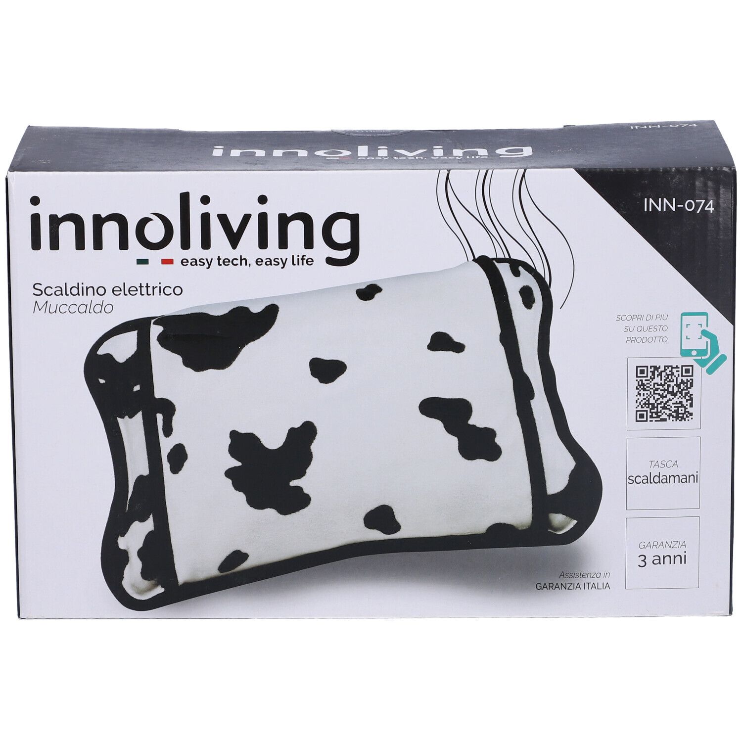 Confezione Innoliving Muccaldo. Motivo bianco e nero, bordo nero. Testo: Scaldino elettrico Muccaldo, garanzia 3 anni.