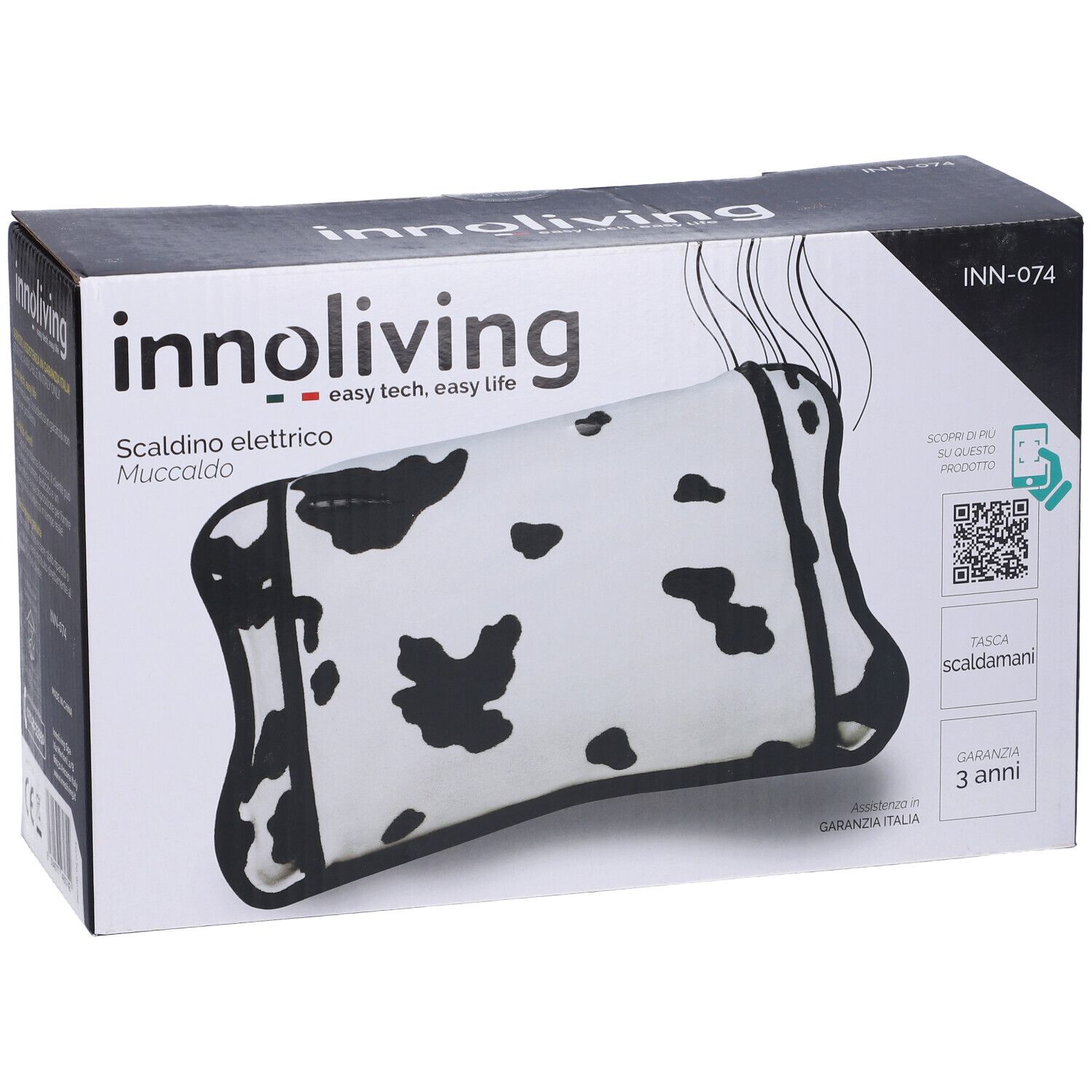 Confezione Innoliving Muccaldo. Motivo bianco e nero, bordo nero. Testo: Scaldino elettrico Muccaldo, garanzia 3 anni.