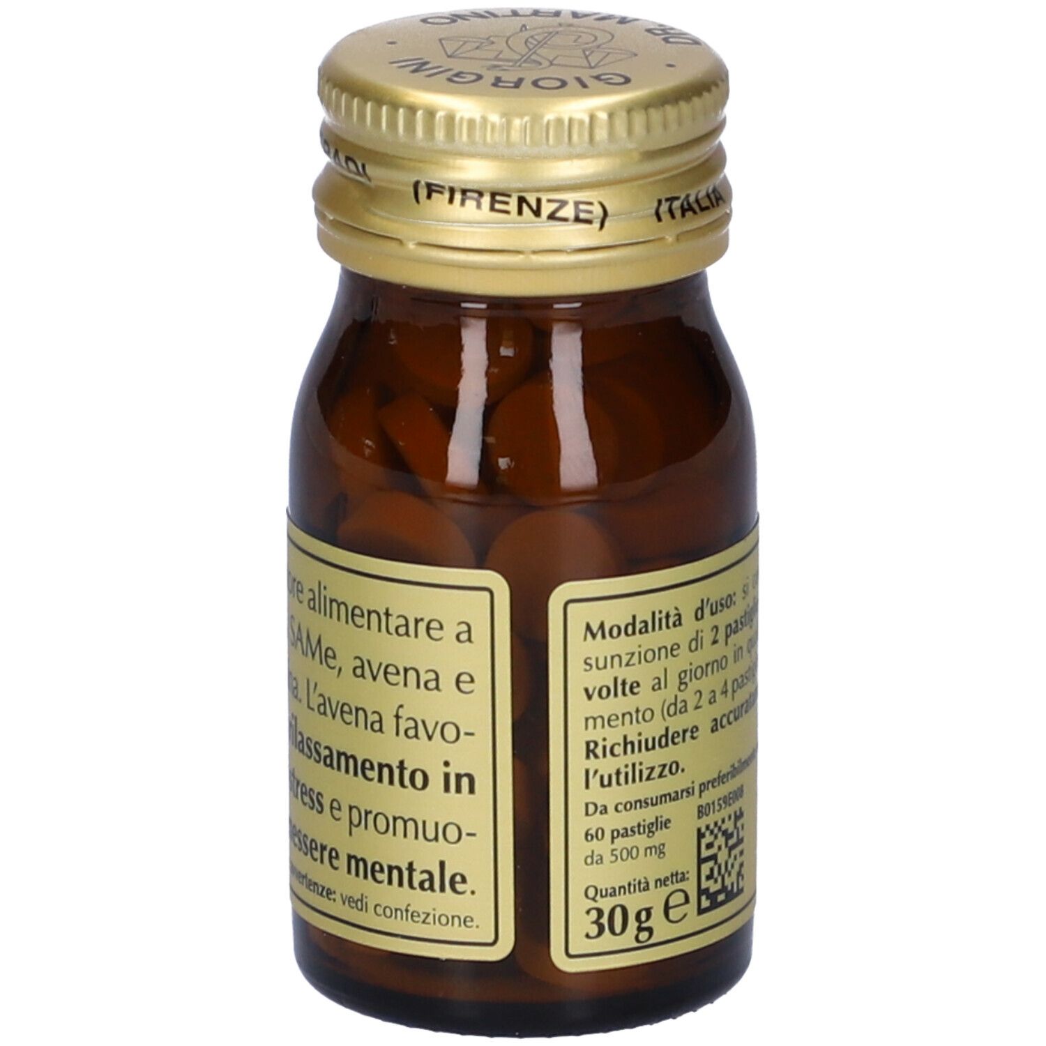 Flacone in vetro marrone con tappo dorato. Etichetta con SAME, Giorgini Dr. Martino. Contiene 60 compresse.