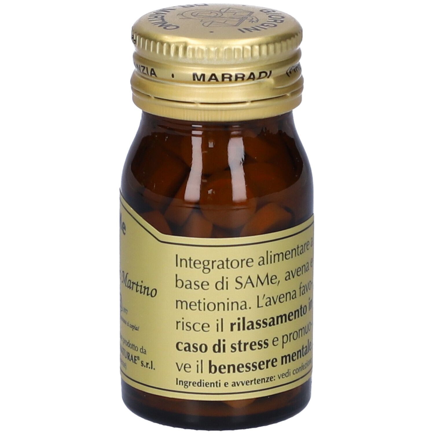 Flacone in vetro marrone con tappo dorato. Etichetta con SAME, Giorgini Dr. Martino. Contiene 60 compresse.