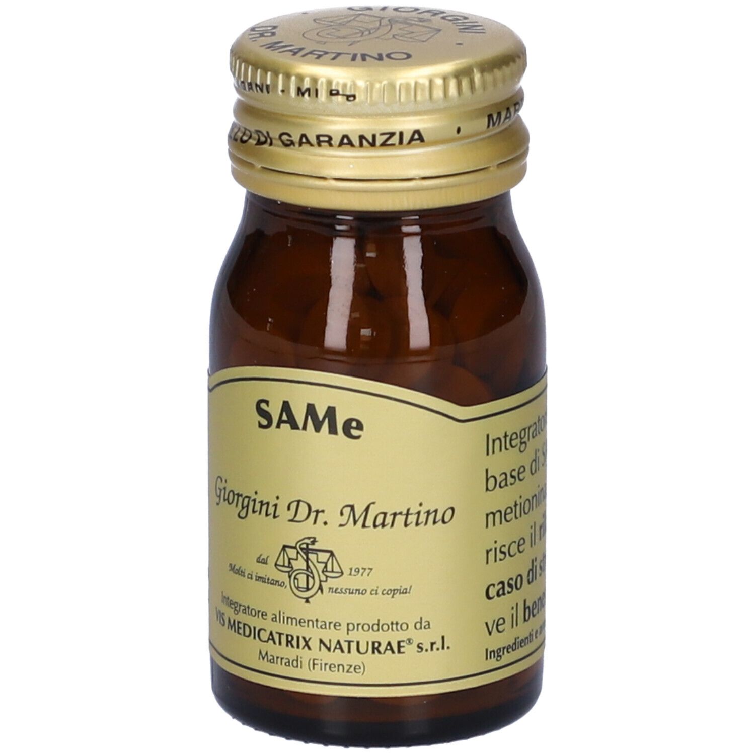 Flacone in vetro marrone con tappo dorato. Etichetta con SAME, Giorgini Dr. Martino. Contiene 60 compresse.