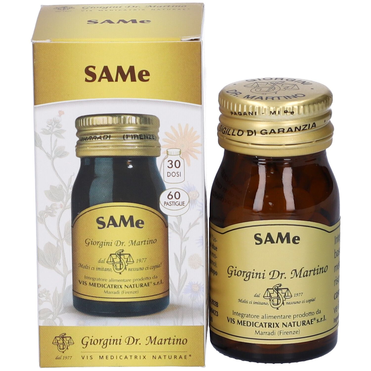 Flacone in vetro marrone con tappo dorato e una scatola. Scritta: SAME, Giorgini Dr. Martino. 60 Pastiglie.