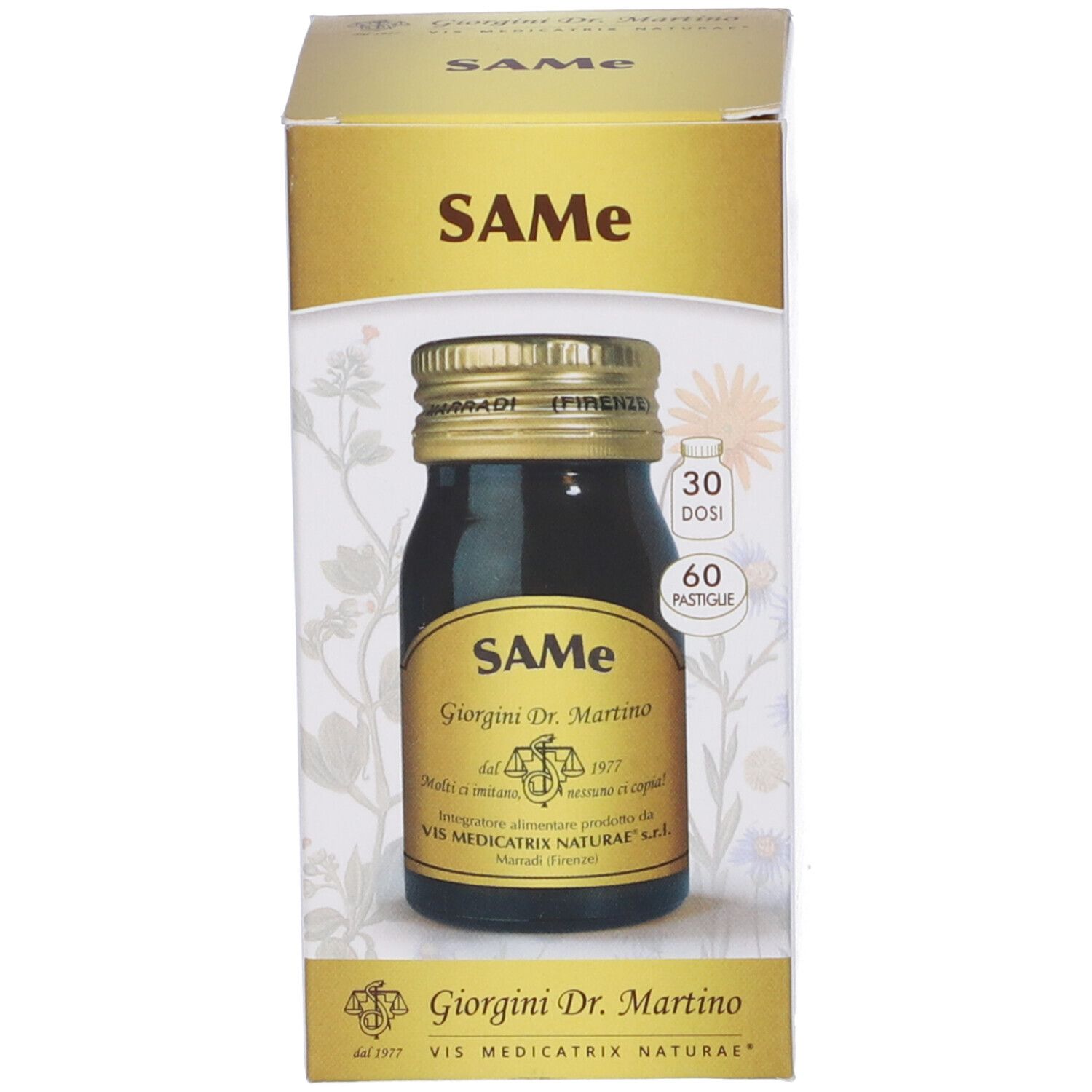 Flacone in vetro marrone con tappo dorato e una scatola. Scritta: SAME, Giorgini Dr. Martino. 60 Pastiglie.