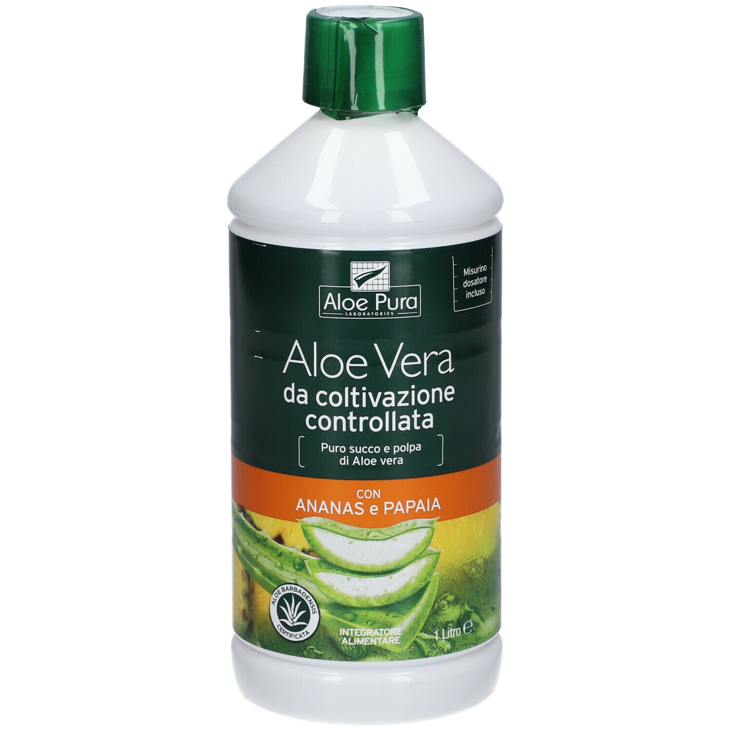 Bottiglia con tappo verde. Scritta: Aloe Vera con ananas e papaya. Illustrazione di aloe vera e frutta.