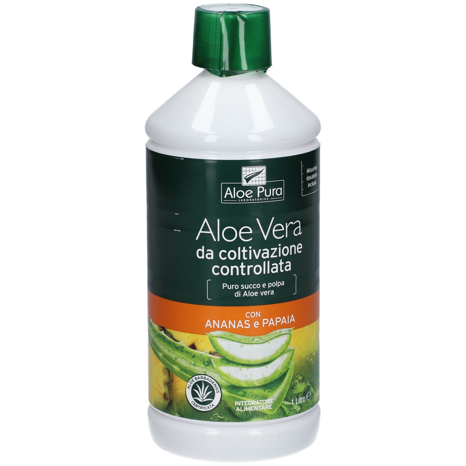 Bottiglia con tappo verde. Scritta: Aloe Vera con ananas e papaya. Illustrazione di aloe vera e frutta. Marchio Aloe Pura.