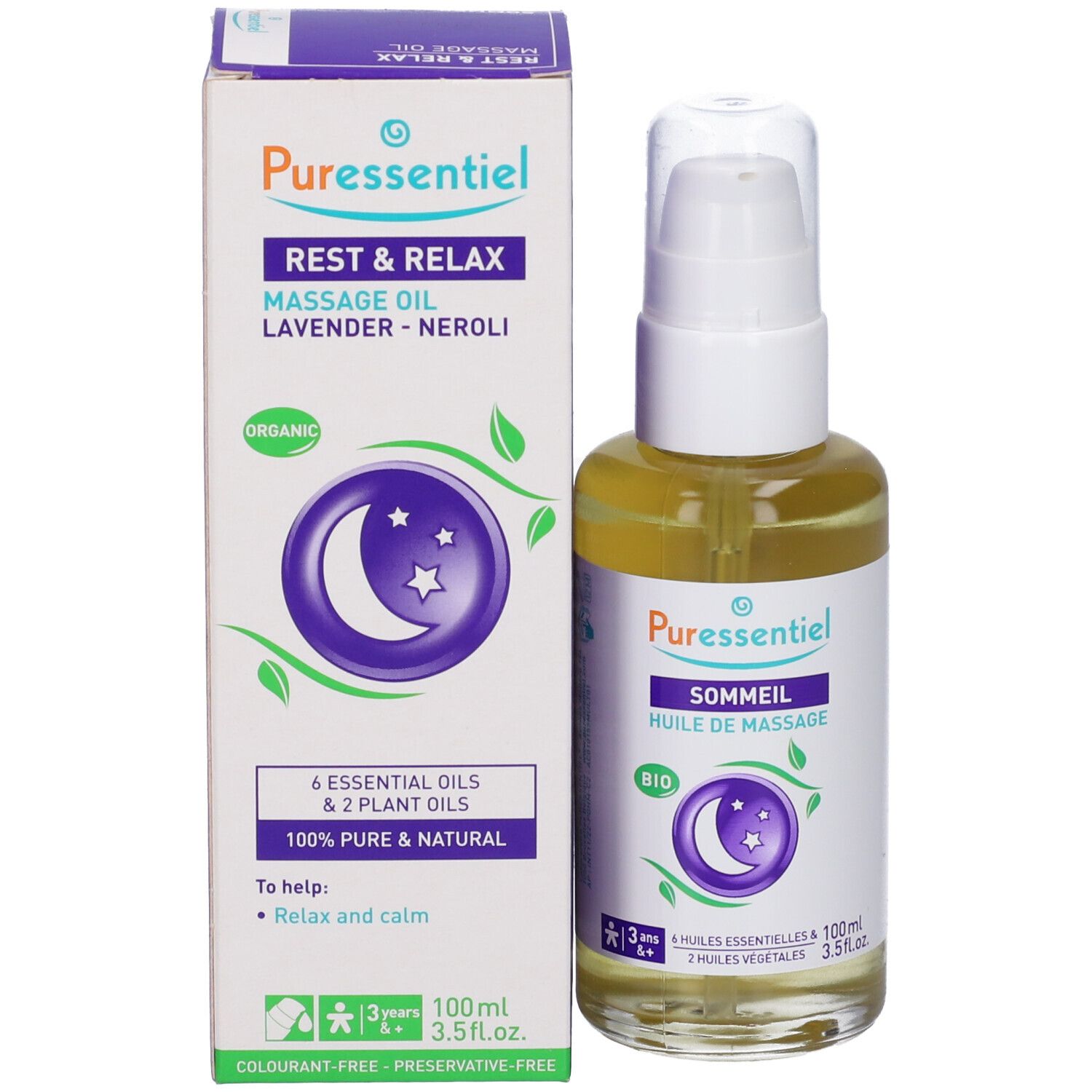 Flacone con erogatore spray e scatola. Scatola con nome prodotto, logo luna e stelle. Sigillo bio. 100% puro.