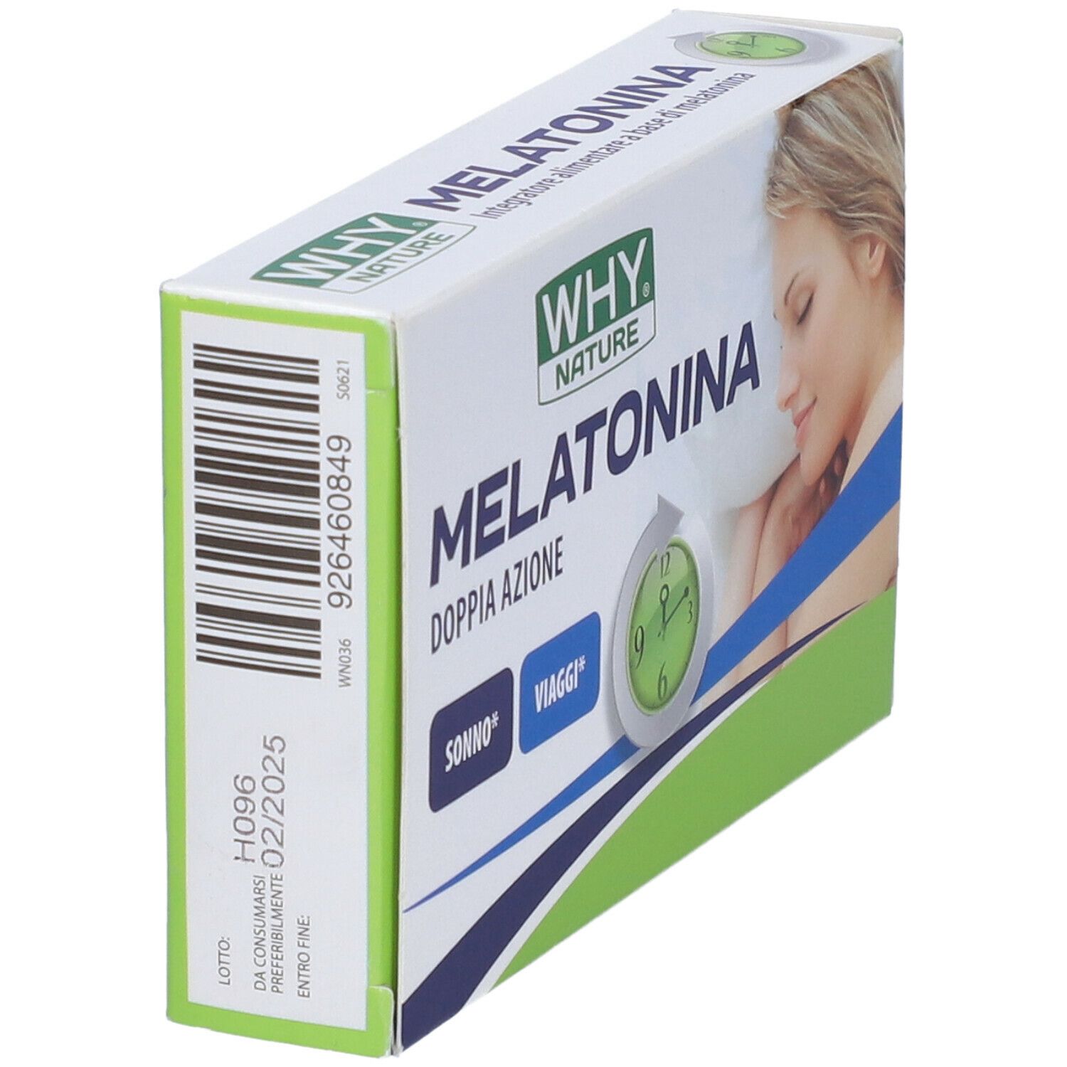 Scatola Melatonina WHY NATURE. Doppia azione: sonno e viaggi. Codice a barre e scadenza.