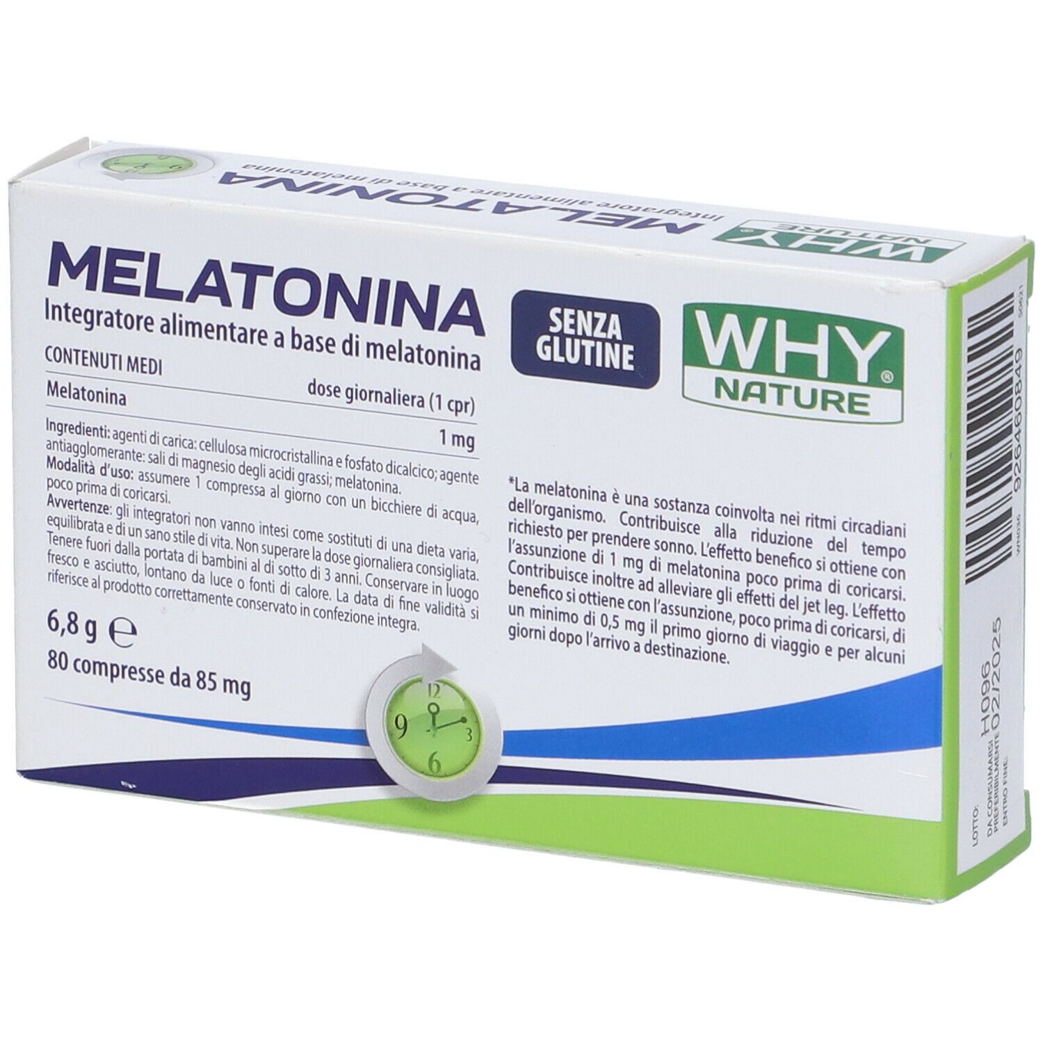 Scatola Melatonina WHY NATURE. 80 compresse. Senza glutine. Ingredienti e dosaggio.