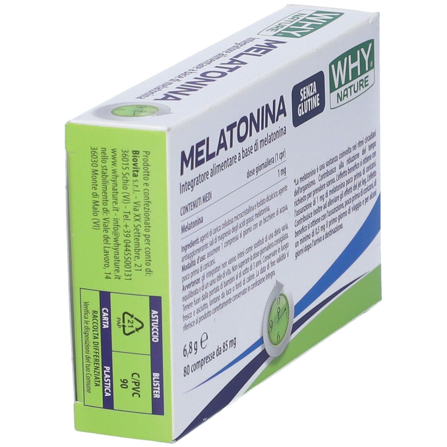 Scatola Melatonina WHY NATURE. 80 compresse. Senza glutine. Informazioni produttore e simboli riciclo.