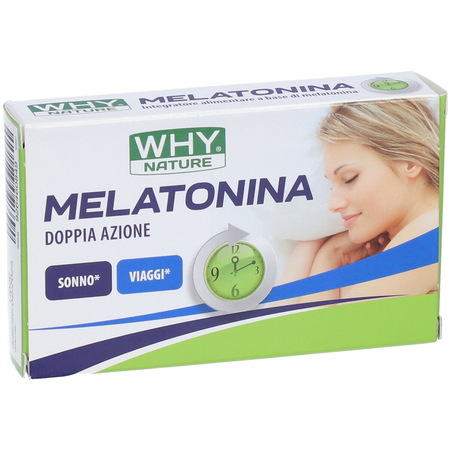 Scatola Melatonina WHY NATURE. Doppia azione: sonno e viaggi. Donna e orologio.
