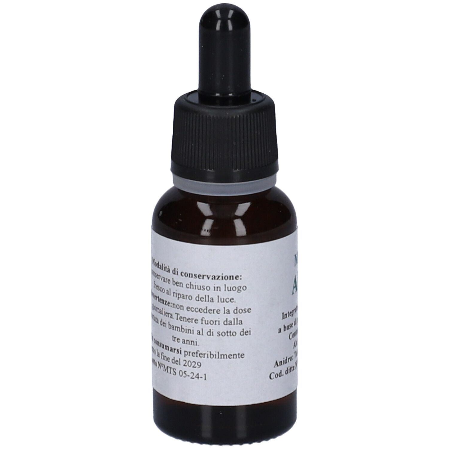 Flacone di vetro marrone con contagocce nero. Retro con etichetta e testo. Informazioni sulla conservazione.