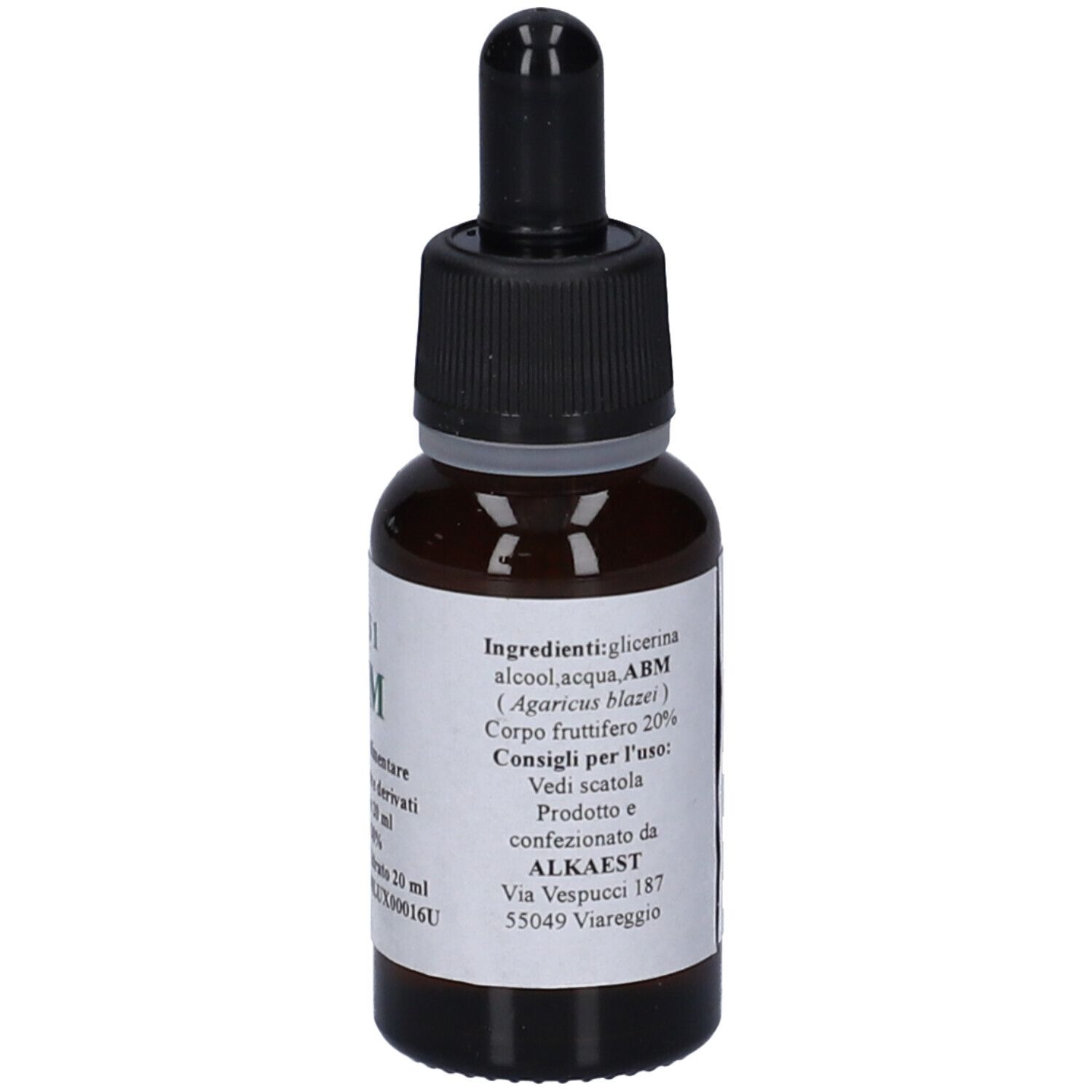 Flacone di vetro marrone con contagocce nero. Etichetta con ingredienti e informazioni del produttore.