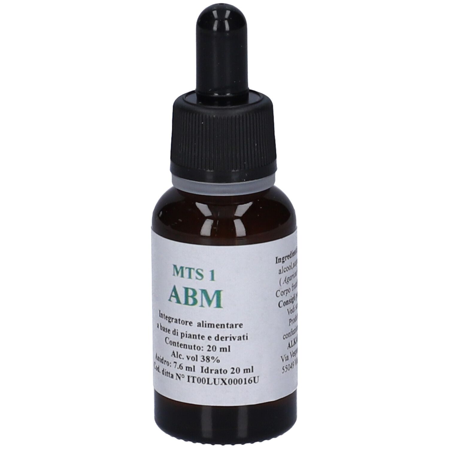 Flacone di vetro marrone con contagocce nero. Etichetta con informazioni sul prodotto e testo.