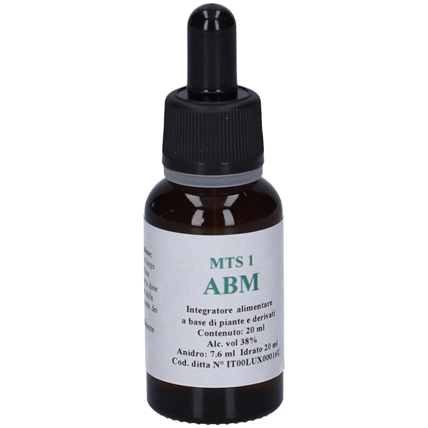 Flacone di vetro marrone con contagocce nero. Etichetta con informazioni sul prodotto e testo.