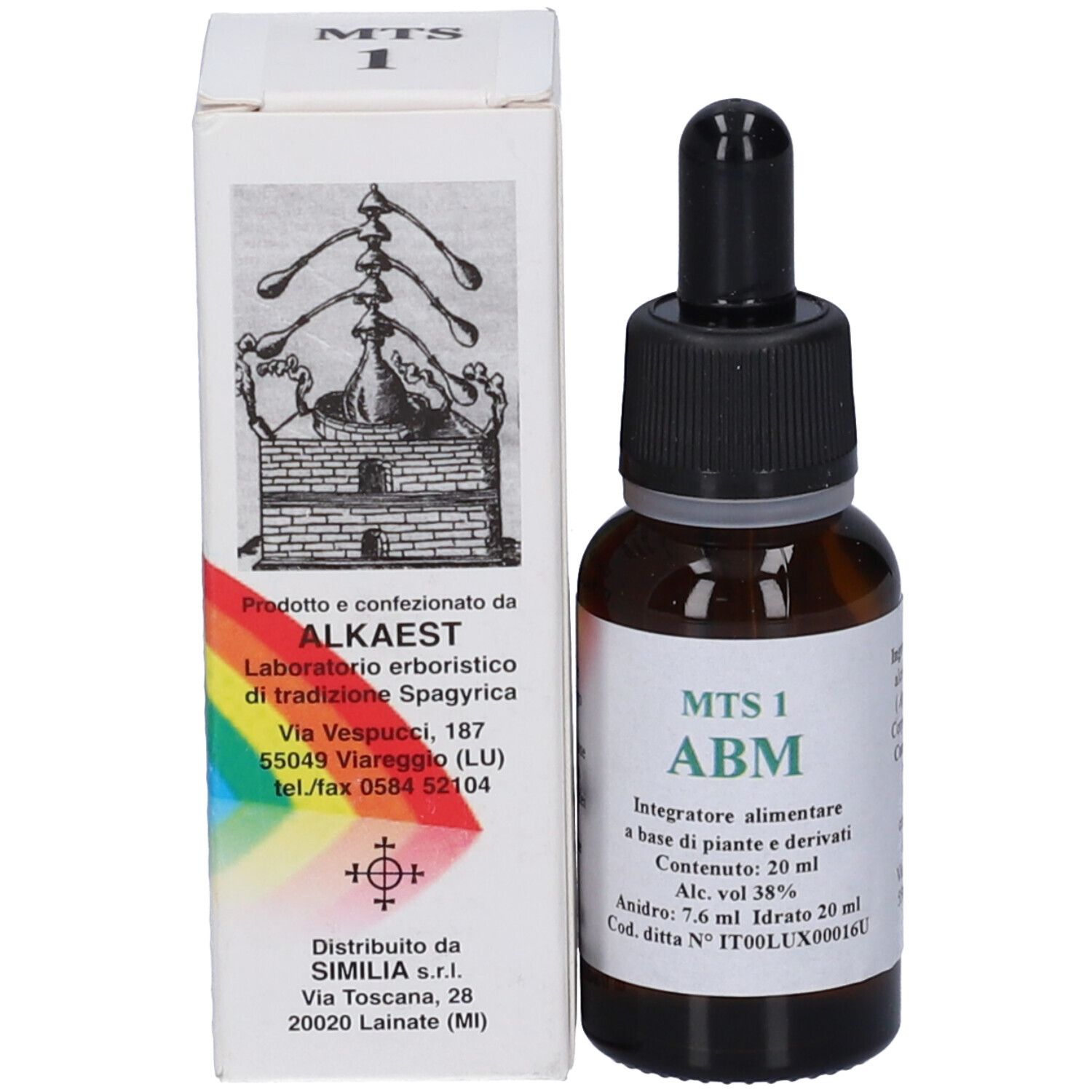 Flacone di vetro marrone con contagocce nero e scatola. Scritta MTS 1 ABM. Scatola con logo e testo.
