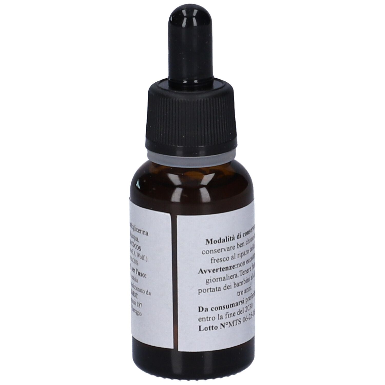 Retro del flacone di vetro marrone con etichetta. Testo in italiano.