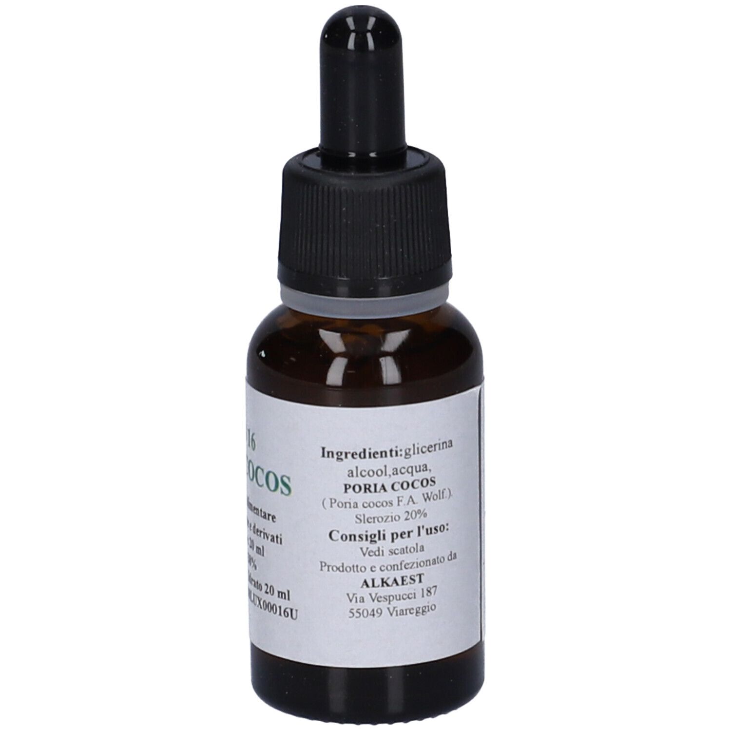 Flacone di vetro marrone con etichetta. Testo in italiano. Elenco ingredienti.