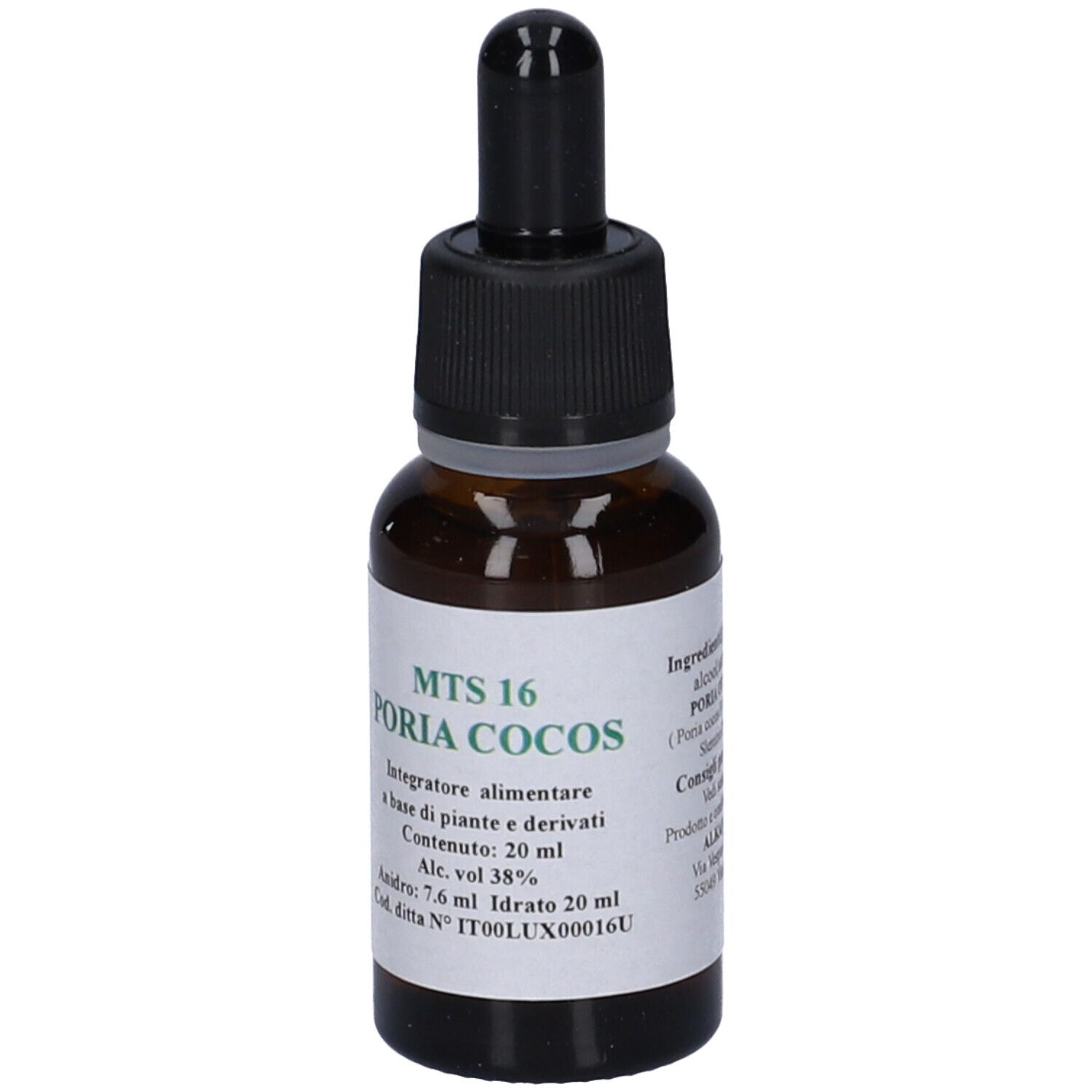 Flacone di vetro marrone con tappo nero e contagocce. Etichetta con informazioni sul prodotto.