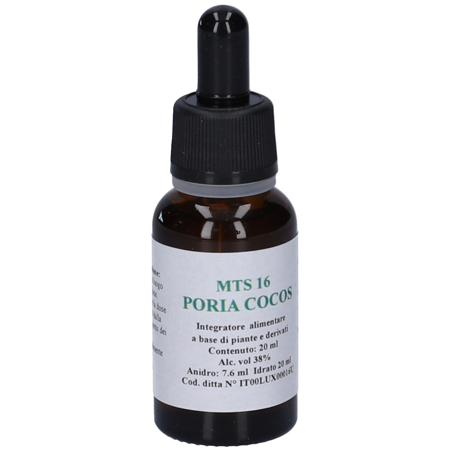 Flacone di vetro marrone con tappo nero e contagocce. Etichetta con informazioni sul prodotto.