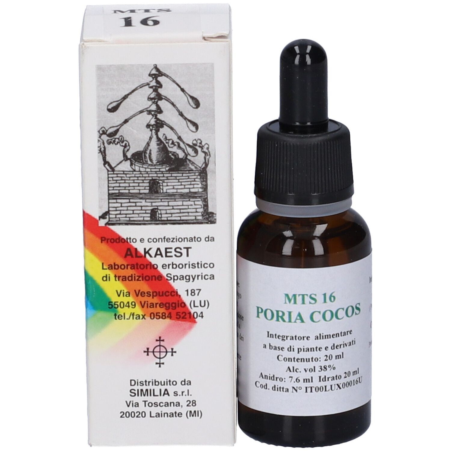 Flacone di vetro marrone con contagocce e scatola. Scatola con logo e informazioni.