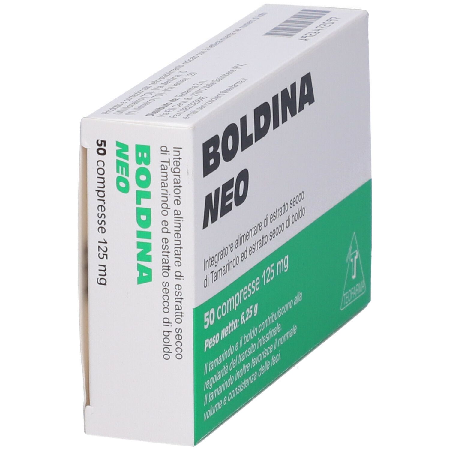 Scatola Boldina Neo, angolata. Scritto: 50 compresse, 125 mg. Confezione verde e bianca. Logo Teofarma.