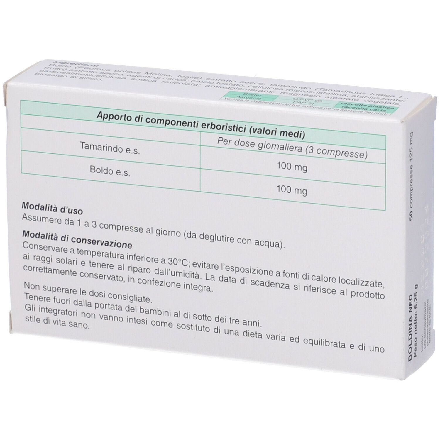 Retro della scatola Boldina Neo. Tabelle ingredienti. Testo su uso e conservazione. Logo Teofarma.