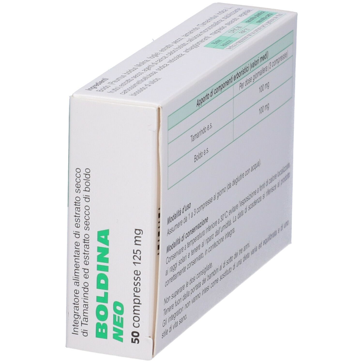 Vista angolata della scatola Boldina Neo. Retro con ingredienti e istruzioni per l'uso. Logo Teofarma.