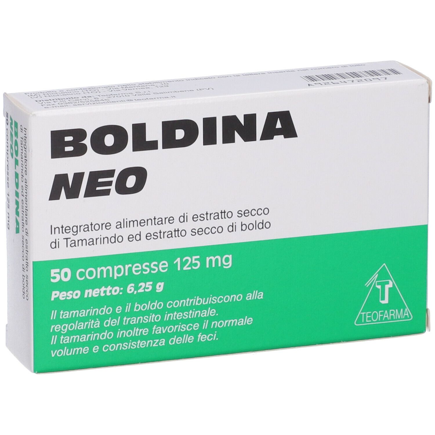 Scatola Boldina Neo. Scritto: 50 compresse, 125 mg. Confezione verde e bianca. Logo Teofarma.