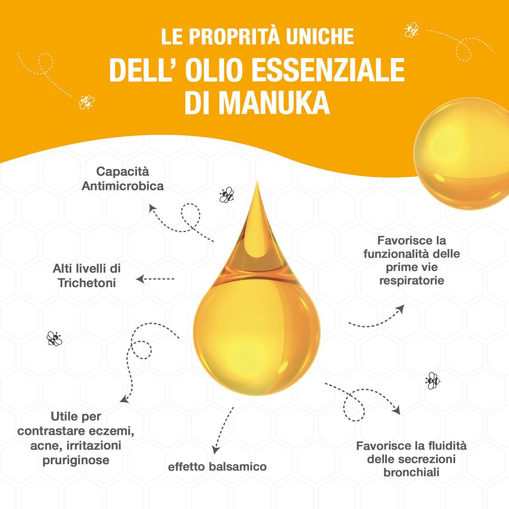 Rappresentazione grafica delle proprietà dell'olio di Manuka: antimicrobico, vie respiratorie, balsamico.