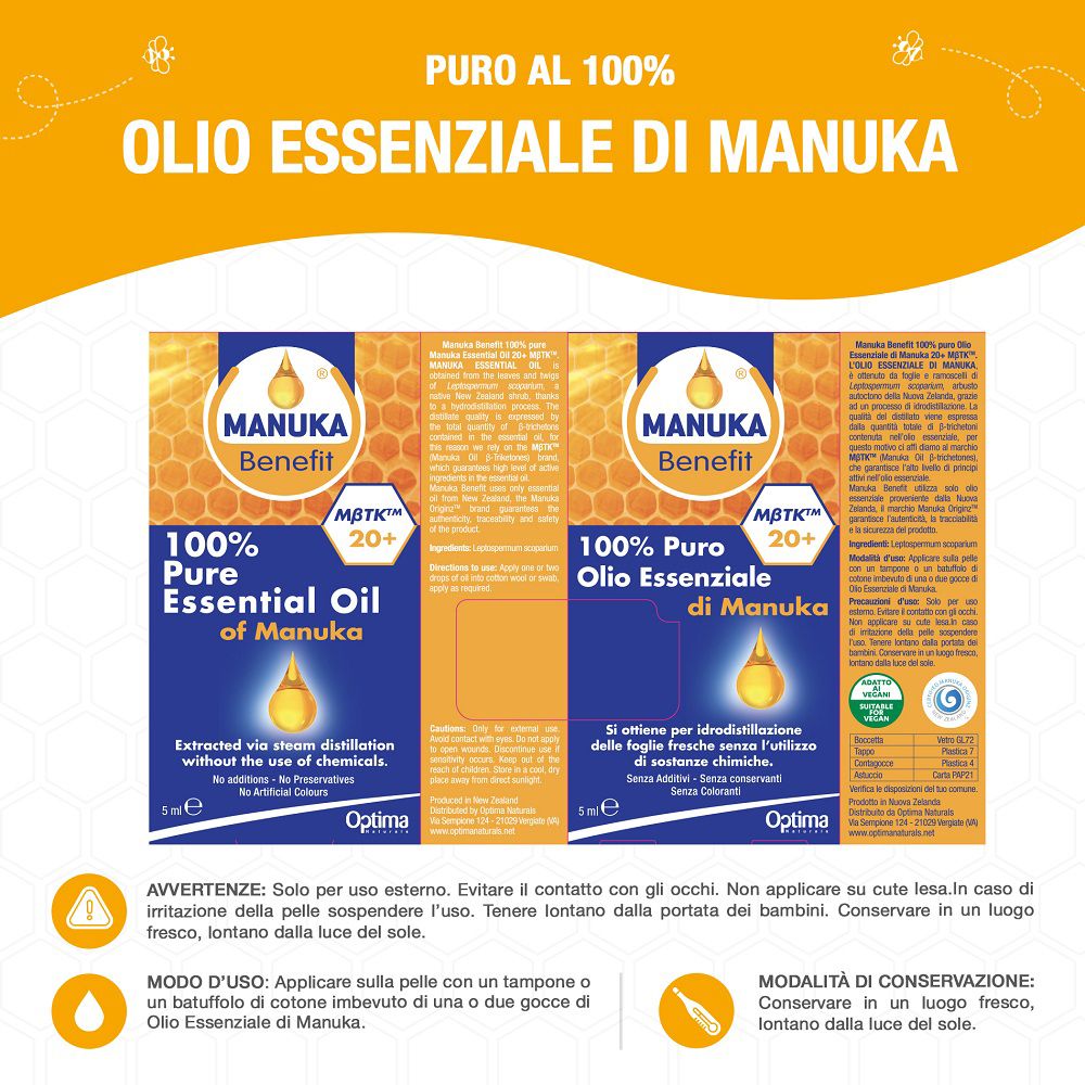 Confezione e flacone di Olio di Manuka 100% puro MANUKA Benefit, con indicazioni.