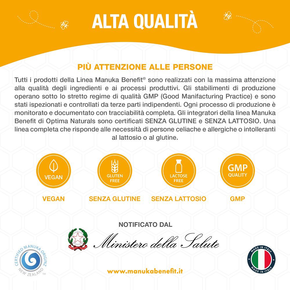 Certificazioni: Vegano, Senza Glutine, Senza Lattosio, Qualità GMP per MANUKA Benefit.