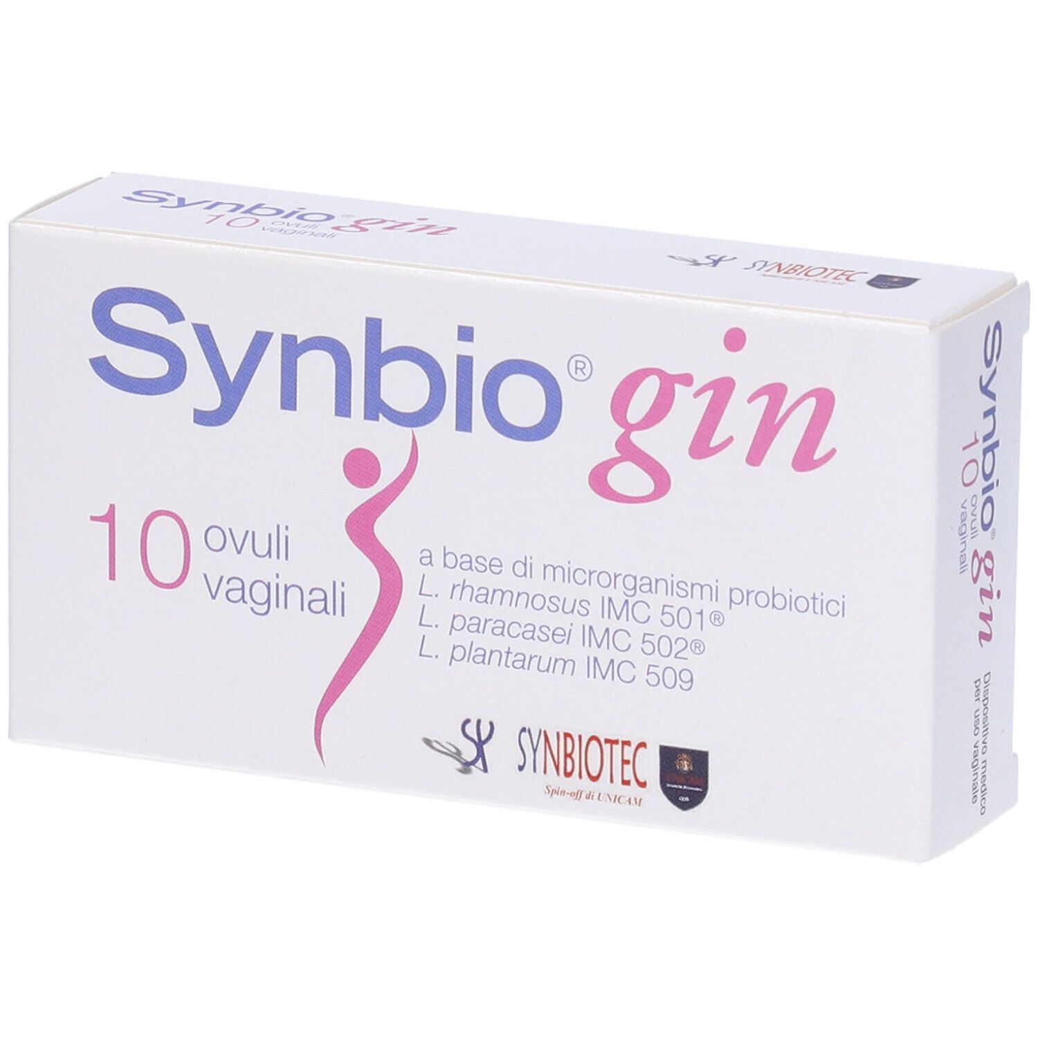 Scatola bianca con nome del prodotto e 10 ovuli vaginali. Scritta: 'a base di microrganismi probiotici'.